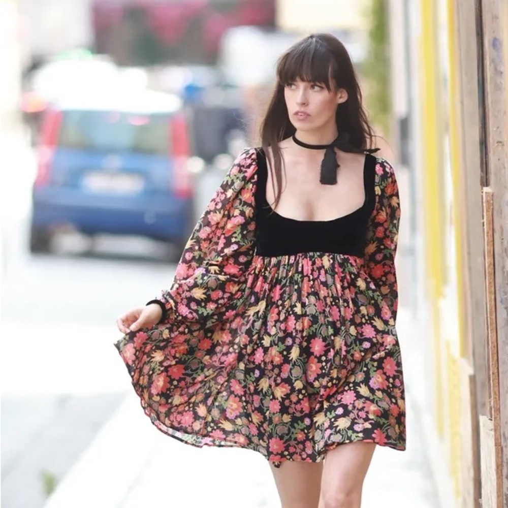 EUC FREE PEOPLE Marsha Mini Dress in Black Combo in size Medium